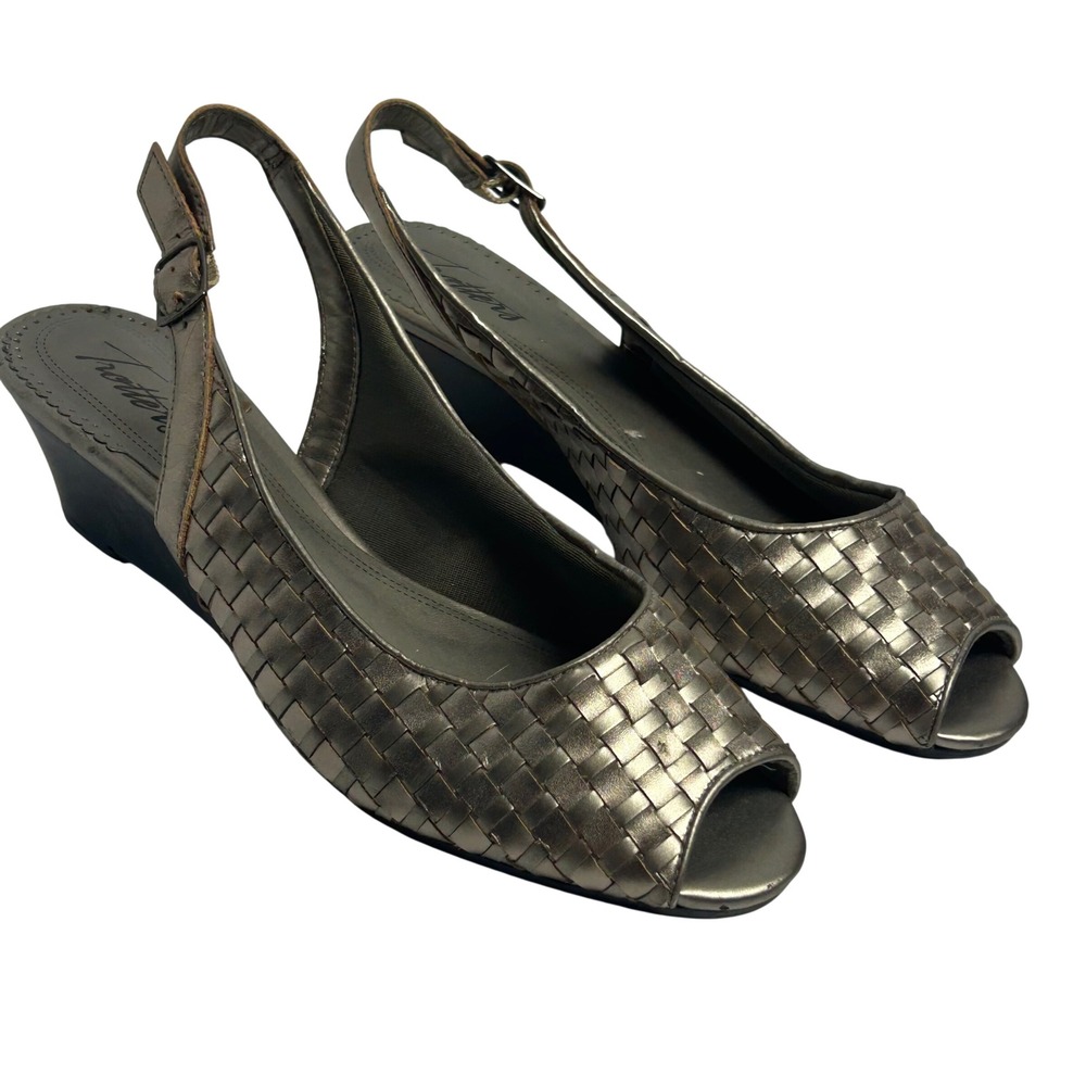 Trotters Woven Metallic Leather Slingback Wedge Sandals Peep Toe Pewter 8.5 M